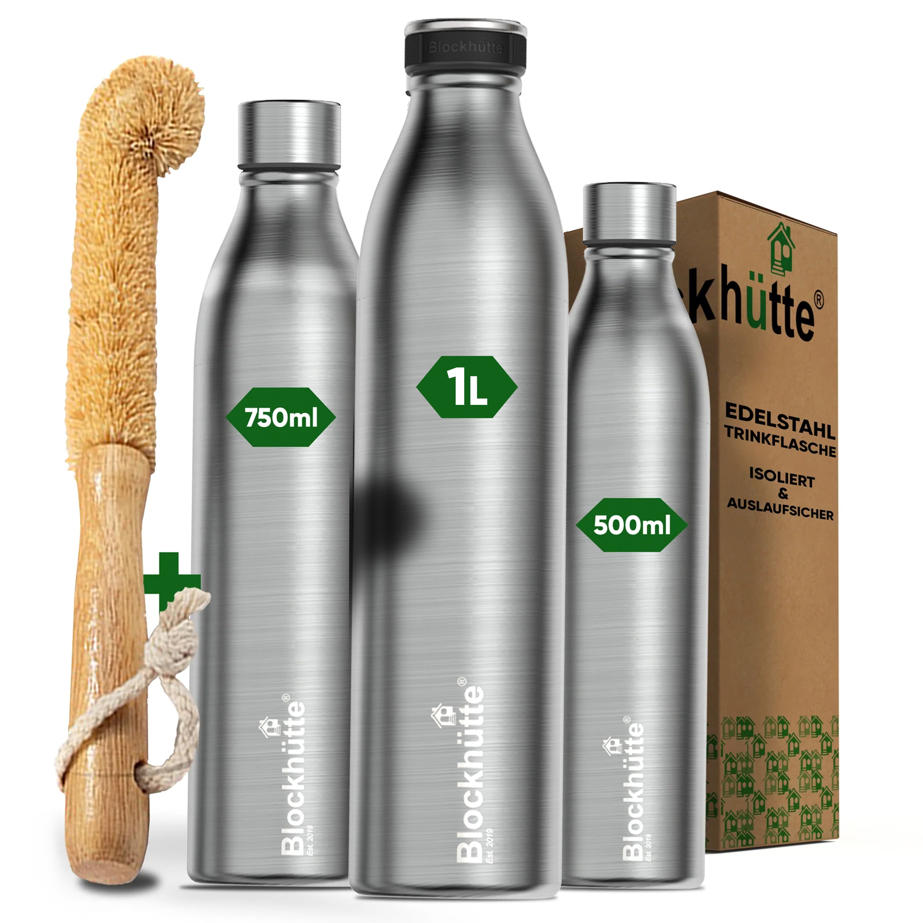 Stainless Steel insulated sports Water Bottle with [FREE natural bristles - brush]