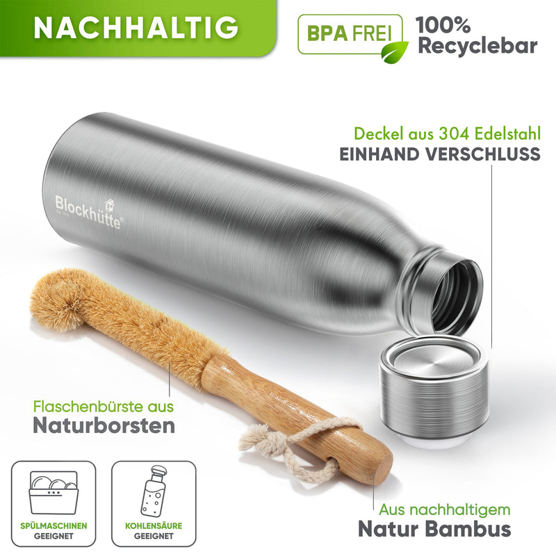 Stainless Steel insulated sports Water Bottle with [FREE natural bristles - brush]