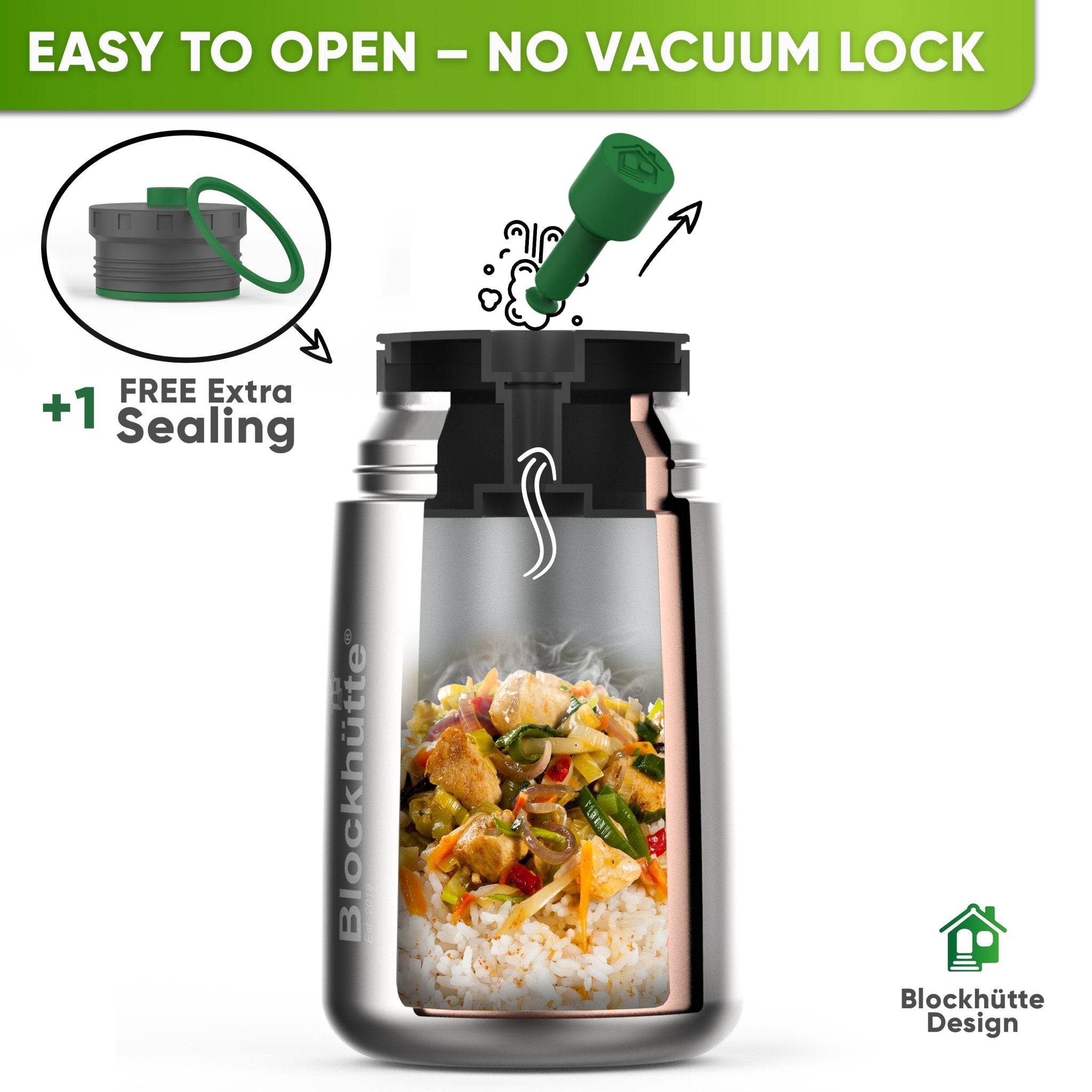 Insulated Stainless Steel Food Flask - Anti - Vacuum Lid - 1000ml - Blockhütte UK