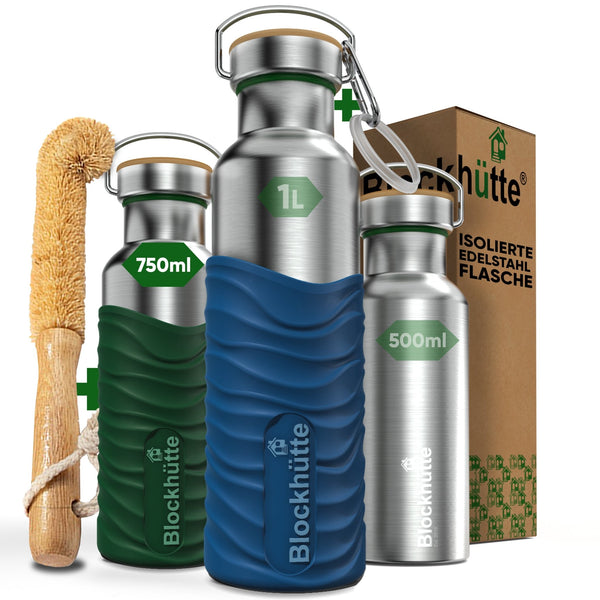 Premium Edelstahl Trinkflasche isoliert mit Silikonmantel - Blockhütte - BH0007 - DUNKELGRUEN