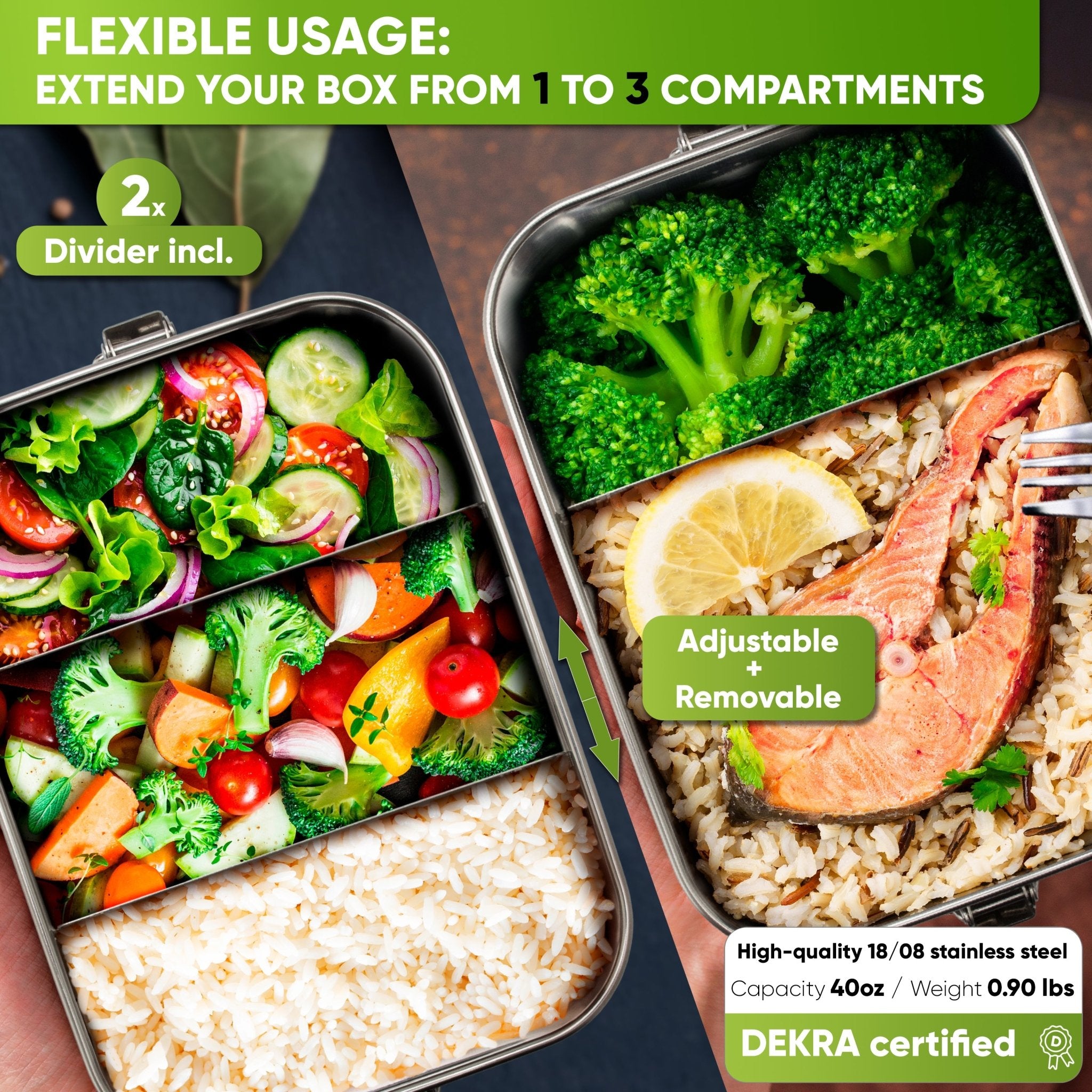 Stainless Steel Lunch Box - Premium Quality with 2 Dividers - 800ml - Blockhütte UK