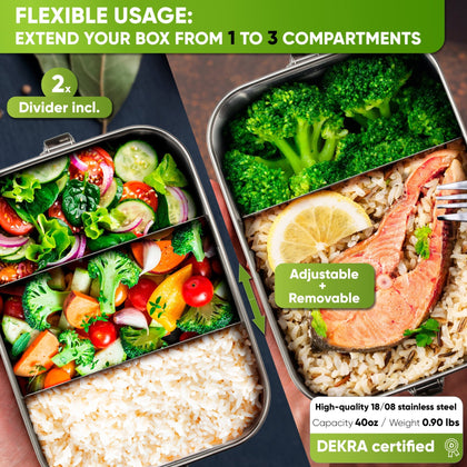 Stainless Steel Lunch Box - Premium Quality with 2 Dividers - 800ml - Blockhütte UK