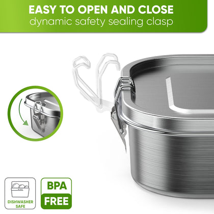Stainless Steel Lunch Box - Premium Quality with 2 Dividers - 800ml - Blockhütte UK