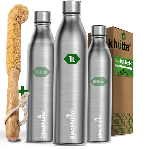 Stainless Steel Sports Bottle + Natural Cleaning Brush - 1000ml - Blockhütte UK