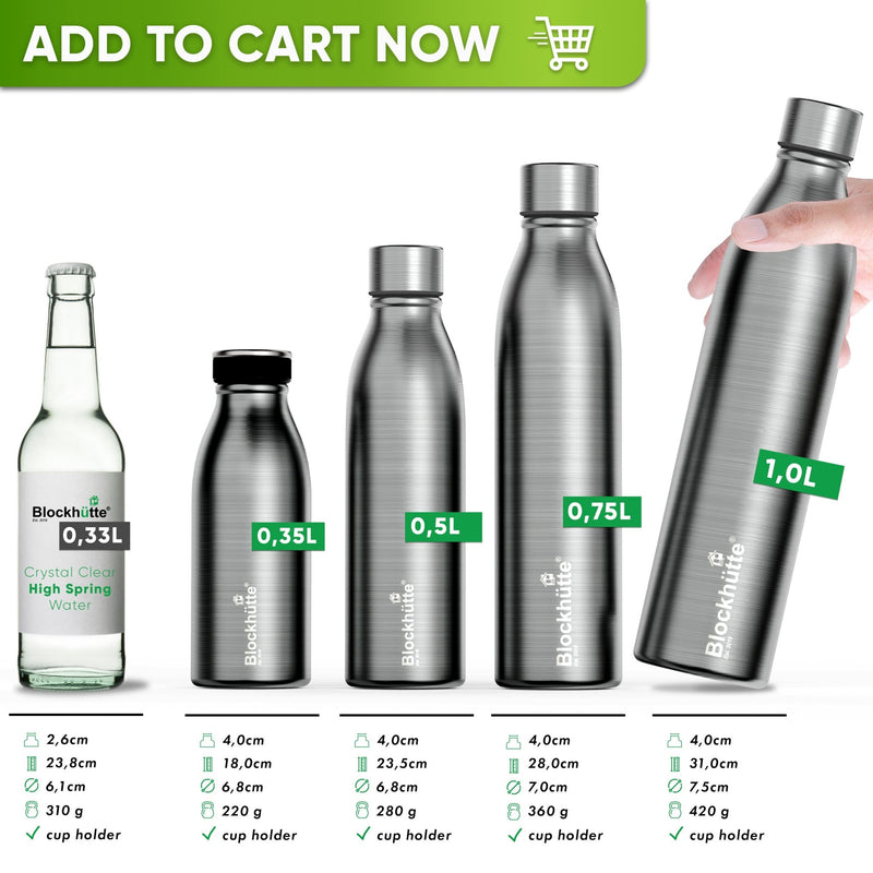 Stainless Steel Sports Bottle + Natural Cleaning Brush - 1000ml - Blockhütte UK