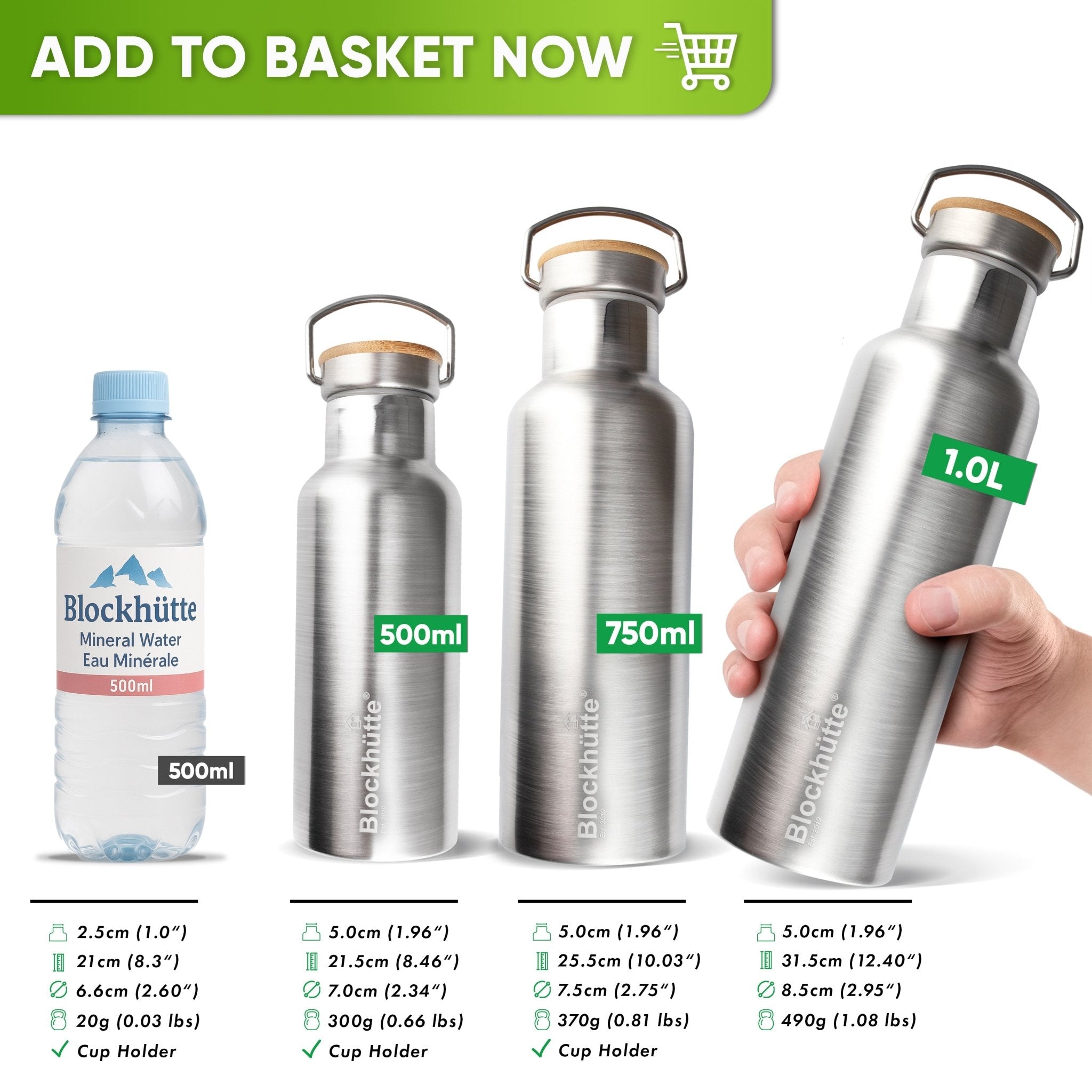 Stainless Steel Water Bottle - Insulated + FREE Brush - 1000ml - Blockhütte UK