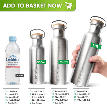 Stainless Steel Water Bottle - Insulated + FREE Brush - 1000ml - Blockhütte UK