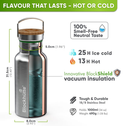 Stainless Steel Water Bottle - Insulated + FREE Brush - 1000ml - Blockhütte UK